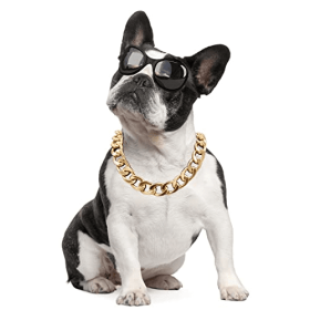 Pet gold collar Dog Chain Collar Keji Teddy Fadou domineering big gold necklace cat playing cool jewelry big gold chain (Color: Golden, size: 35Cm Necklace +7Cm Adjustment Chain)